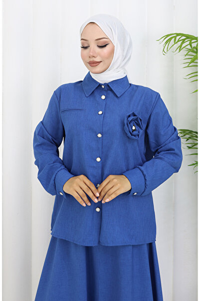 sefamerve Rose Detailed Shirt Skirt Double Set 2088-05 Navy Blue