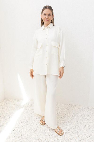 ALLDAY Ecru-Large Pocket Linen Trousers Suit