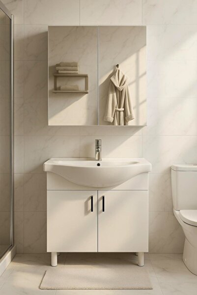 makbulce 65 cm Beyaz MDF Seramik Lavabolu Ayaklı Aynalı Banyo Dolabı