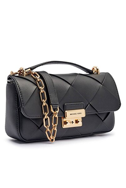 Michael Kors Women's 100% Leather Quilted Patterned Black Shoulder Bag with Gold Metallic Closure Chain Shoulder Strap 30S5G2R