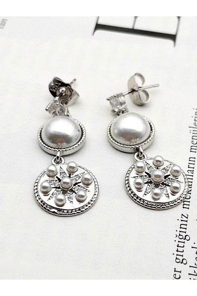 Siya Silver Vip Series Zircon Stone and Pearl Design Dangle Steel Earrings - 3.8 cm