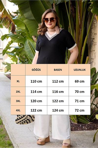 FOR ESRA BIG TREND Women's Plus Size V-Neck Beige Garni Tulle Pattern Short Sleeve Side Slit Stretchy Viscose Blouse