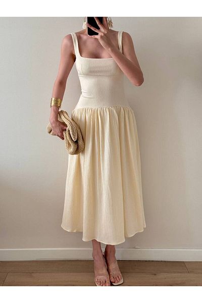 LOCH BUTİK Women's Ecru Strap Gathered Waist Midi Dress