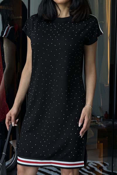 Ded COLLECTION Women's Short Sleeve Round Neck Stripe Detail Modal Fabric Stoned Short Dress