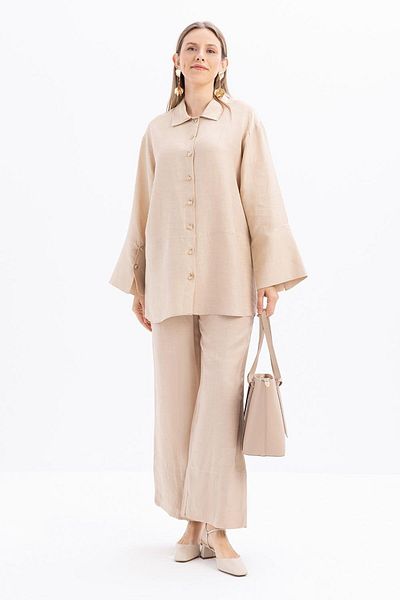 ALLDAY Beige-Wide Folded Slit Linen Trousers Suit