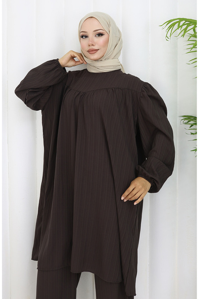 sefamerve Σετ Παντελόνι Μαζευμένο Τουνίκ Διπλό 2089-06 Bitter Brown