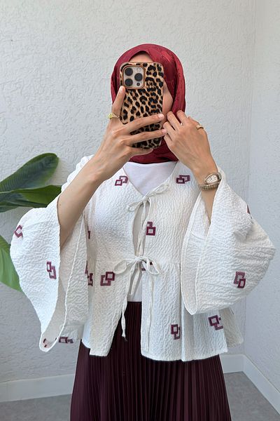 Salih Çelebi Square Pattern Midi Kimono 2336 - Claret Red