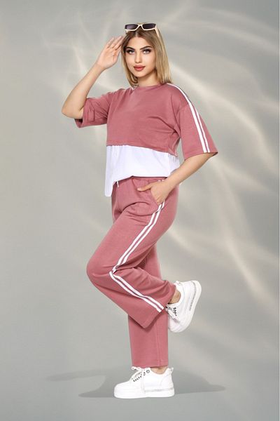 NEWCO Women's Sporty-Chic Suit – Button Detailed Top & Side Stripe Pants