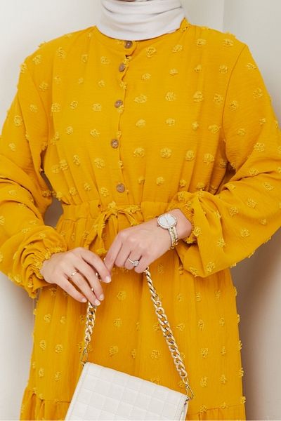 Bestenur Φόρεμα Ayrobin με πολυεπίπεδο Pompom 1550 - Mustard