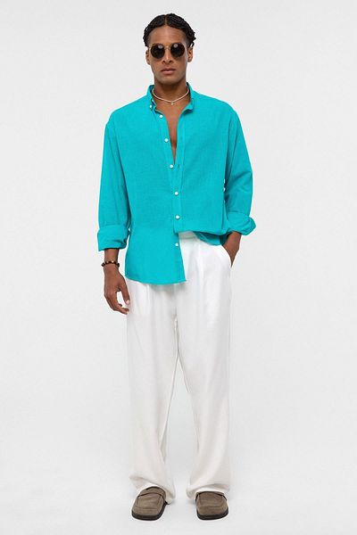 VAMOSCLO Basic Oversize Cotton Linen Shirt Light Turquoise