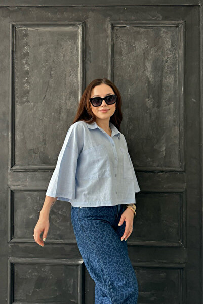 oshebu Μπλε – Πουκάμισο Crop από μείγμα λιναριού