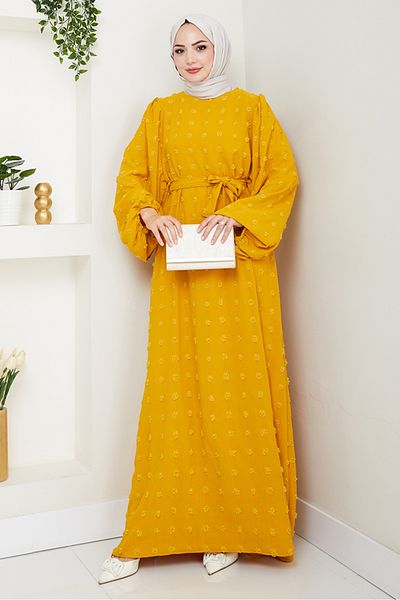 Bestenur Φόρεμα Ayrobin με λεπτομέρεια πομπόν με ζώνη 1538 - Mustard