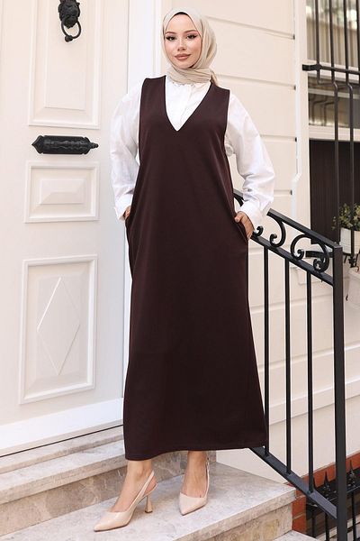 hafsamina V-Neck Pocket Knitted Gilet Dress Brown Hm2754