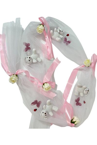 Botez Decor cristelnita din tulle alb, flori din sapun ivory, panglica roz si ursuleti albi