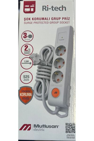 Mutlusan Ri-Tech 3 Lü Şok Korumalı Grup Priz 1.5 Metre (001 175 370002 15 00)