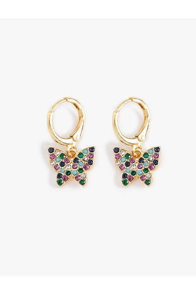 Koton Multicolored Stone Charm Detailed Butterfly Hoop Earrings