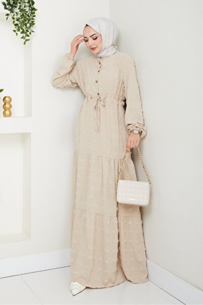 Bestenur Φόρεμα Ayrobin με πολυεπίπεδο Pompom 1550 - Μπεζ