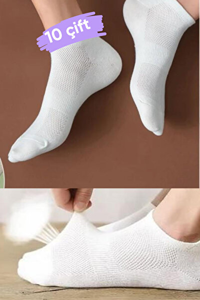 İbrahim Berk 10 Çift Beyaz Bilek Boy Kadın Erkek Unisex Çorap Yazlık İnce Pat...