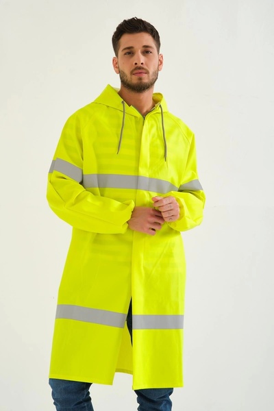 Kardelen İş Elbiseleri Yerli Diz Altı Pardesü RY 1800 Reflektörlü Su Geçirmez Fosforlu Yağmurluk İş Güvenliği Kıyafeti