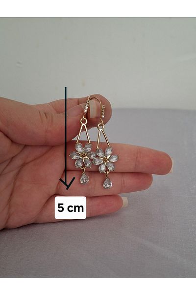 ER TAKI Stoned Gold Colored Flower Figured Stylish Hook Engagement Henna Wedding Wedding Evening Dress Earrings