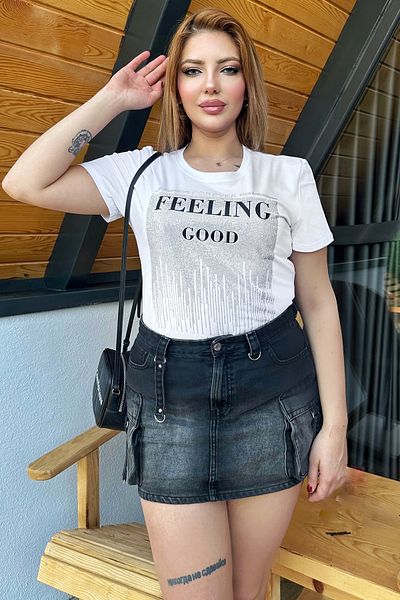 RICH GLAM Crystal Jewelled Large Size Crew Neck Short Sleeve Cotton Stylish Women's T-Shirt
