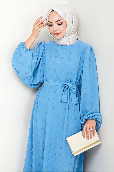 Bestenur Φόρεμα Ayrobin με λεπτομέρεια πομπόν με ζώνη 1538 - Baby Blue