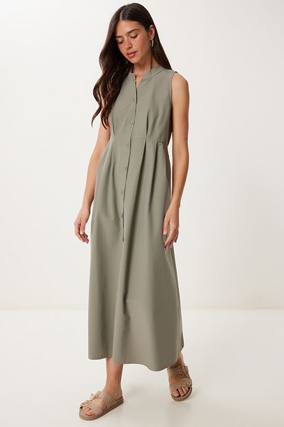 Lovelyİstanbul Sleeveless Midi Poplin Shirt Dress Light Green Lmx0093