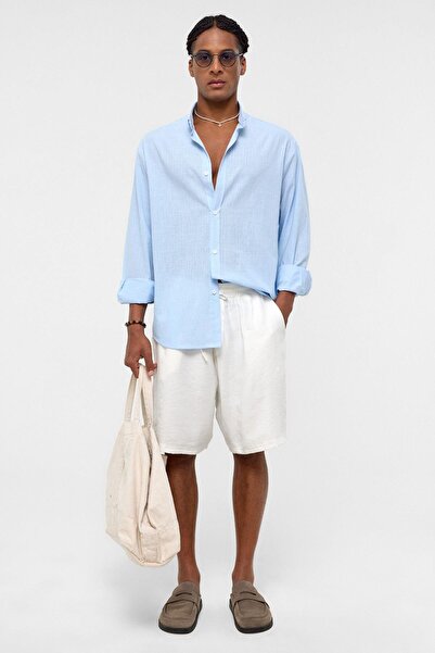 VAMOSCLO Basic Oversize Cotton Linen Shirt Baby Blue