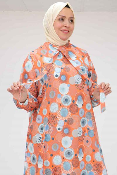 Eslina 58023 Large Size Collar Tie Jesica Tunic - Circle Pattern Orange