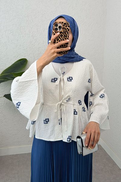Salih Çelebi Kimono Midi cu model pătrat 2336 - INDIGO