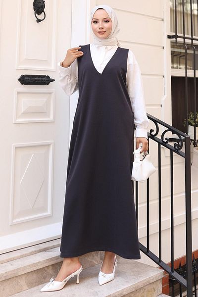 hafsamina Πλεκτό φόρεμα Gilet με τσέπη V λαιμόκοψη Anthracite HM2754