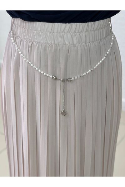 MİHRA STORE Zenista Pearl Pendant Pleated Chiffon Skirt-Ge8547 Stone