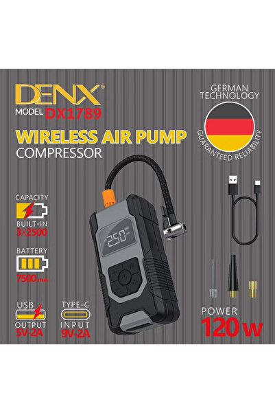 Denx Wireless Air Compressor for Car Tires 120W with Portable Charger, High Brightness LED Light, an
