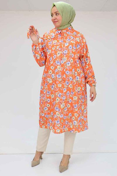 Eslina 58023 Plus Size Jesica Tunic with Tie Collar - Floral Tile
