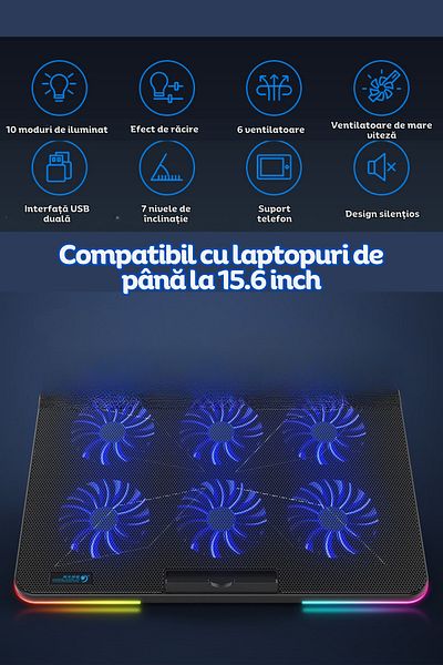 clickzu Cooler laptop gaming F5 Clickzu, 6 ventilatoare RGB, suport 7 unghiuri, USB HUB, 15.6"