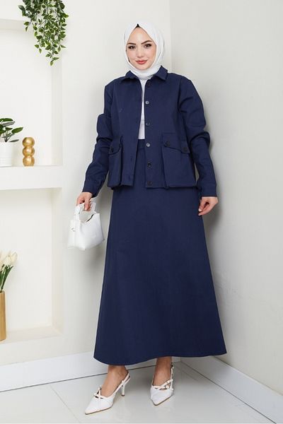 Bestenur Bellows Pocket Shirt Skirt Double Set 1551 - Navy Blue