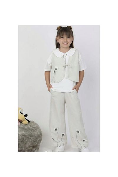 CİCHLİD Girl's Linen T-Shirt Vest Pants 3-Piece Set