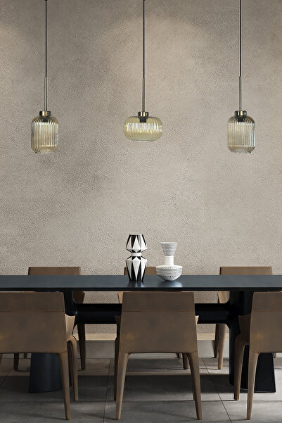 Bamyum Üçlü Lunex Cam Bal Rengi Avize İnce Eskitme Başlık Sarkıt Yemek Masası Üstü Iç Mekan Cafe Otel