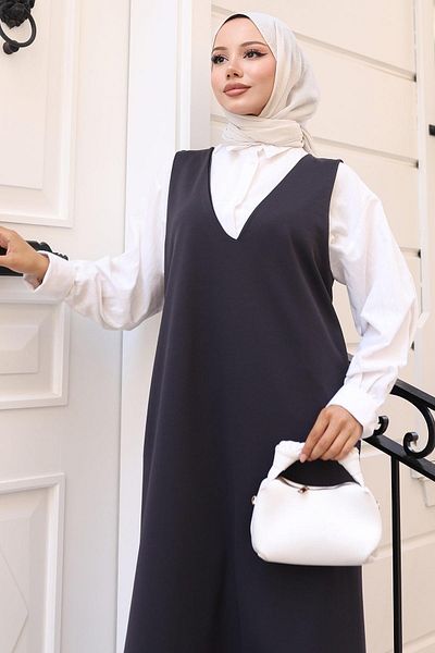 hafsamina Πλεκτό φόρεμα Gilet με τσέπη V λαιμόκοψη Anthracite HM2754