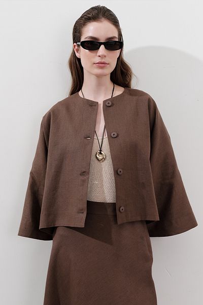 Manuka Linen Wide Sleeve Short Jacket Dusty Brown
