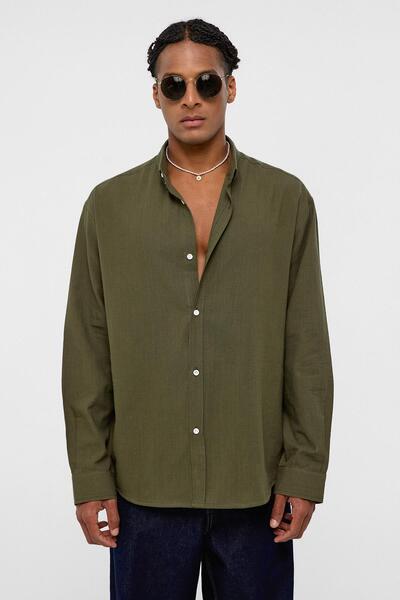 VAMOSCLO Basic Oversize Cotton Linen Shirt Khaki