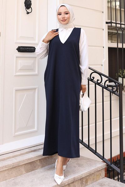 hafsamina Πλεκτό φόρεμα Gilet με τσέπες V λαιμόκοψη Navy Blue HM2754