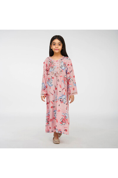 LINELLE جلابية أطفال بطبعة باليه - رقبة على شكل حرف V وتطريزات حجرية