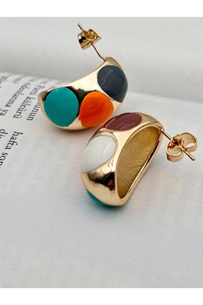 Siya Silver Karışık Renkli Mineli Bombeli Çelik Küpe