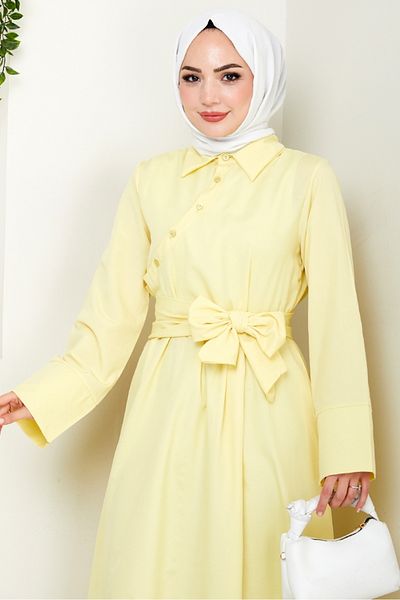 Bestenur Seliz Side Button Dress 1528 - Yellow