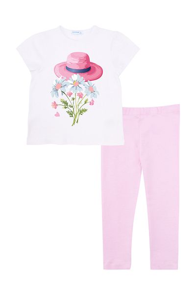 Mavipink Girls' Pink Hat and Daisy Printed Cotton T-Shirt and Leggings Set