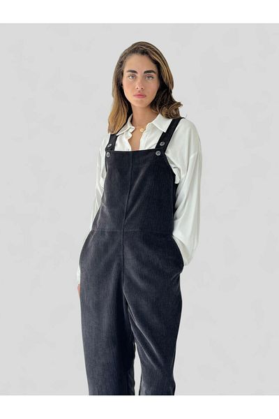 Retrobird Design Corduroy Long Jumpsuit Salopet Women Black
