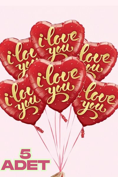 Baloncu Dede Red Heart I Love You Written Foil Balloon 5 Pieces Helium Compatible Balloon Lover and Special Day Balloon