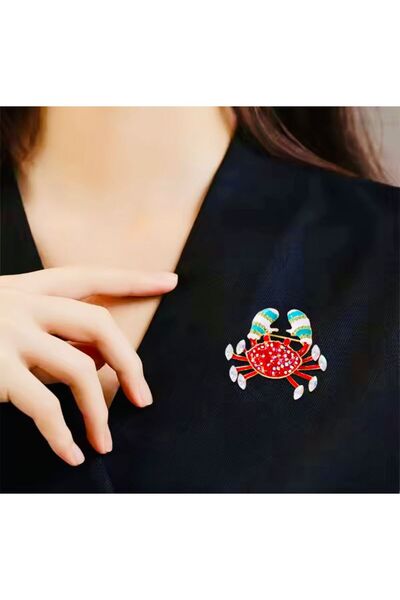 Rachel Silver Altın Renk Zirkon Taşlı Renkli Mineli Tasarım Yengeç Broş