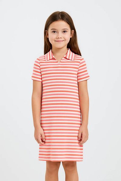 Kübra Tekstil Tricotaj cu guler polo cu dungi colorate pentru fete Mini rochie de vară, midi